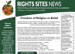 [ai] A newsletter titled 'Rights Sites News' featuring an apple graphic, discussing 'Freedom of Religion or Belief'. It highlights human rights education in schools and includes quotes from the Universal Declaration of Human Rights.